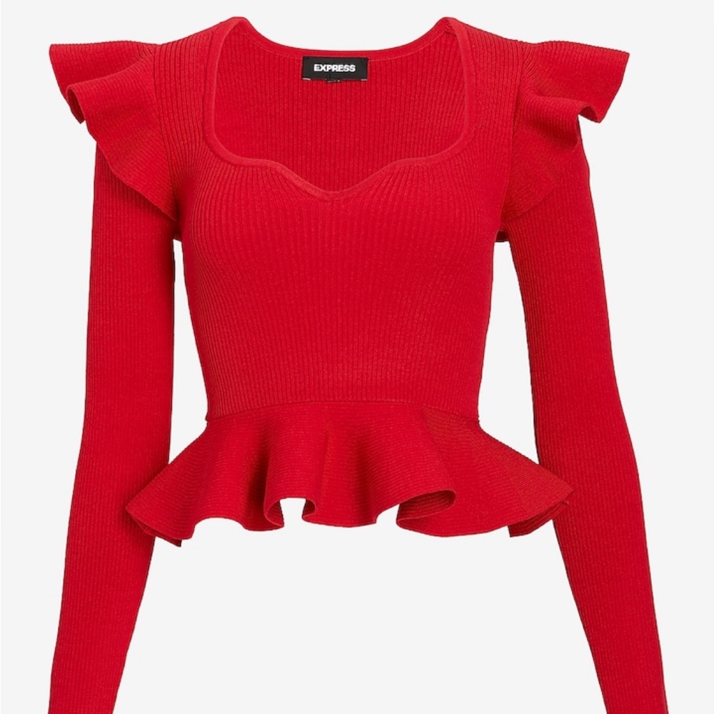Express Ribbed Sweetheart Neckline Ruffle Peplum Sweater. (A-8)